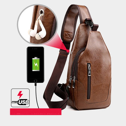 Men's USB Leather Crossbody Chest Bag