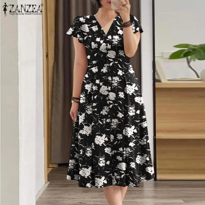 ZANZEA Floral Print V-Neck Midi Dress