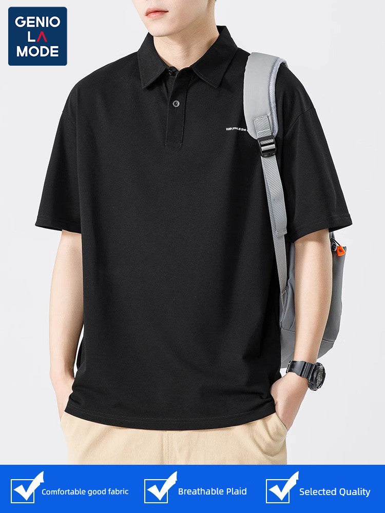 Senma Japanese Style Black Polo Shirt – Summer Loose Short Sleeves